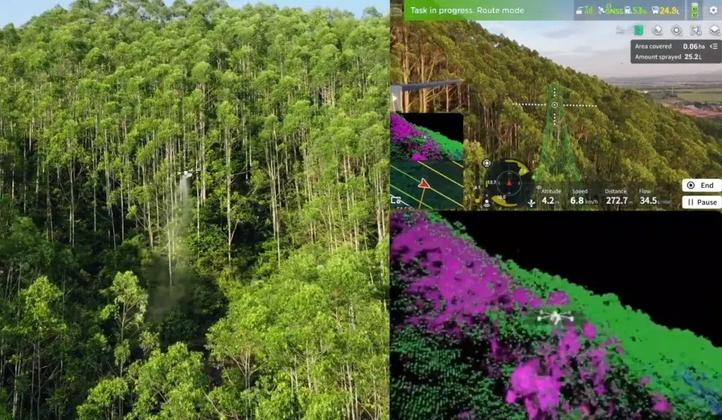 Pilotaggio droni per agricoltura, in questo caso DJI Agras. L'immagine rappresenta a sinistra il drone a vista, e a destra quello che l'utente vede sul radiocomando del drone.