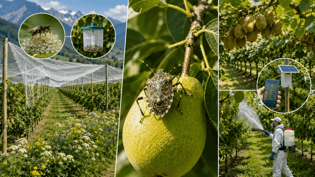 Frutteto di kiwi con reti protettive, trappole e sensori per il monitoraggio dei parassiti; una cimice su un frutto e un operatore che esegue un trattamento fitosanitario illustrano diverse strategie di difesa delle colture.