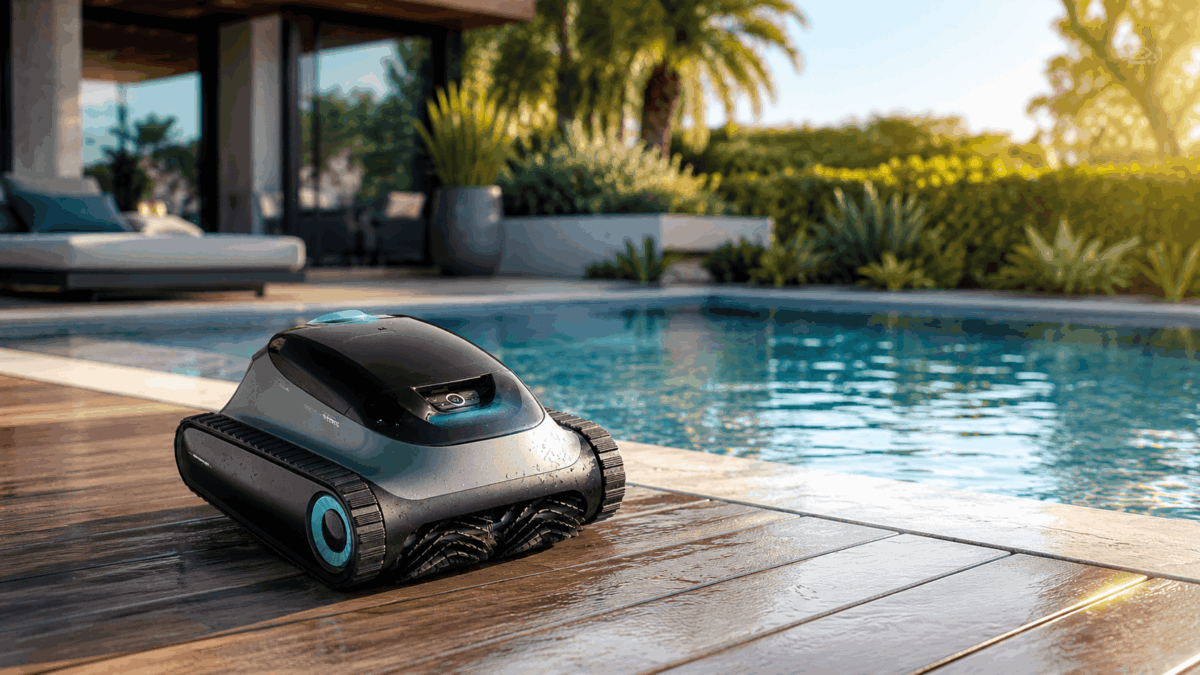 Nell'immagine un robot pulitore per piscine a bordo piscina.