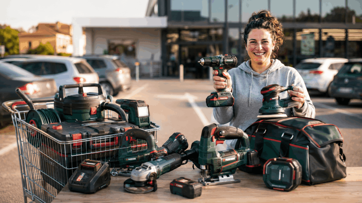 Una ragazza con prodotti parkside davanti alla Lidl