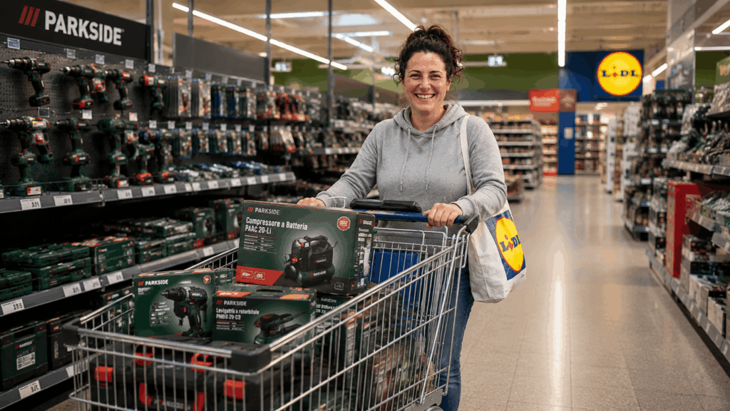 Una ragazza all'interno del negozio discount Lidl mentre acquista prodotti della linea parkside