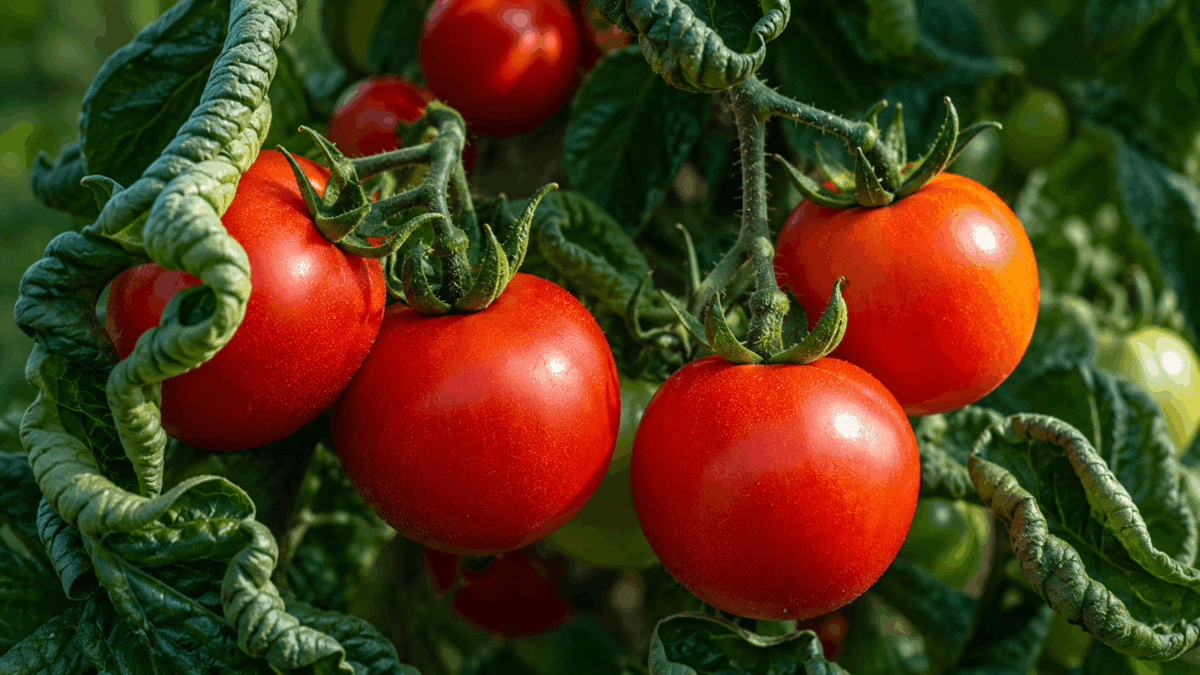 pianta di pomodori con foglie arricciate