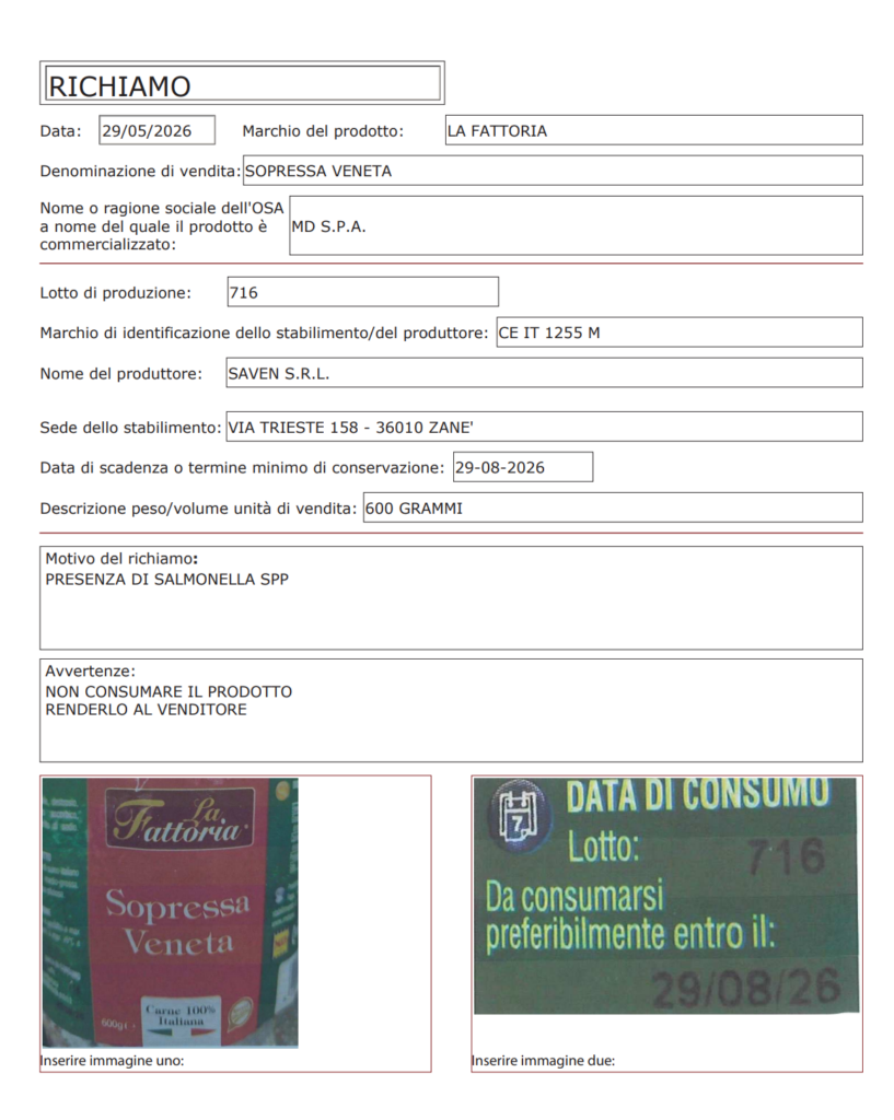 Cartello di richiamo SOPRESSA VENETA MD S.p.a.