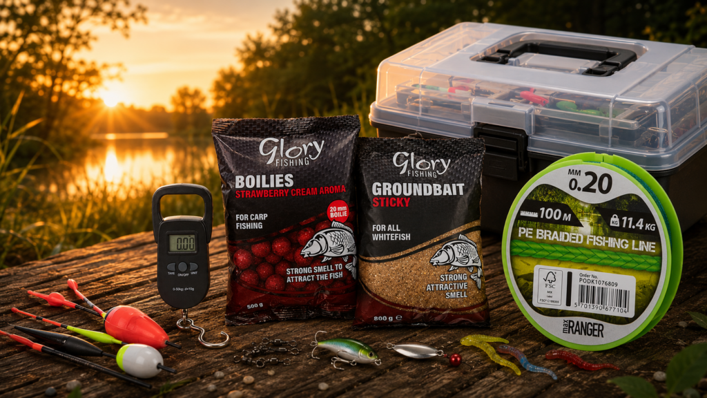 Accessori pesca action: bilancia digitale, esche fragola e cassetta da pesca con galleggiante