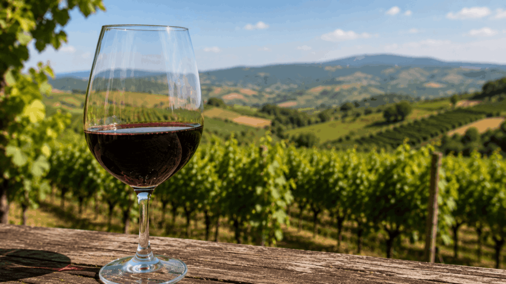 Calice di lambrusco con sfondo del vigneto