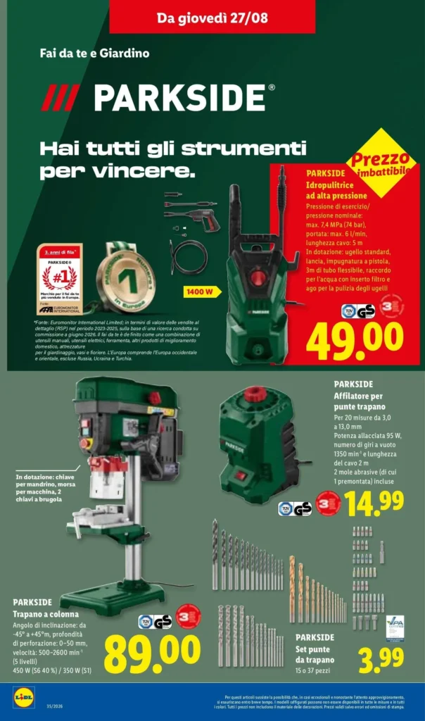 Volantino parkside 27 agosto idropulitrice