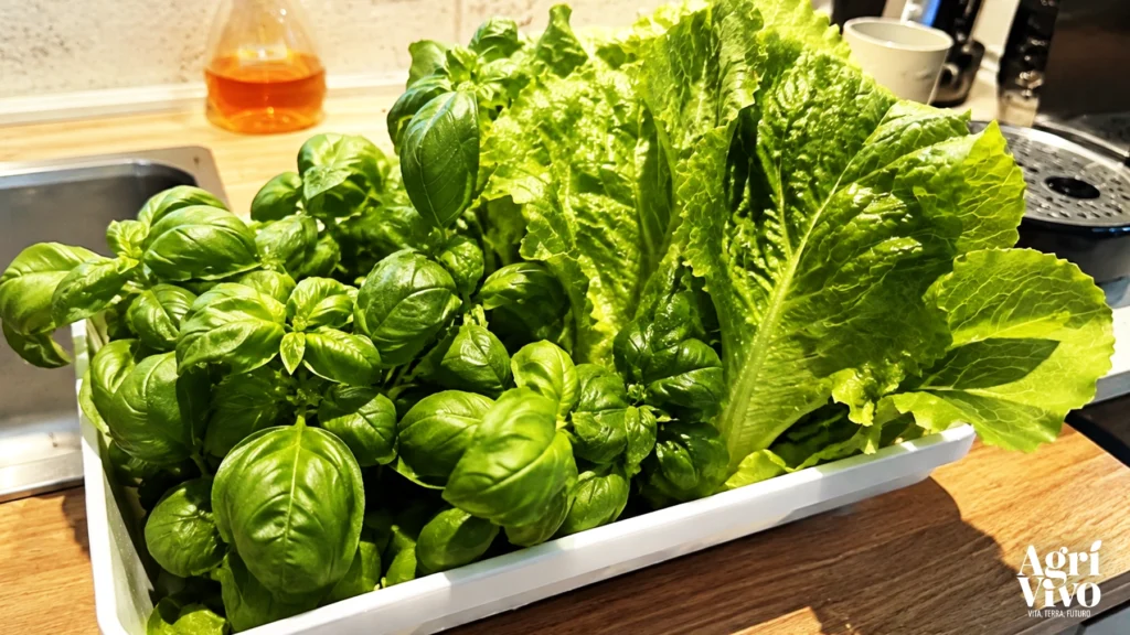 Raccolta basilico e lattuga dal vaso smart idroponico di Voghion