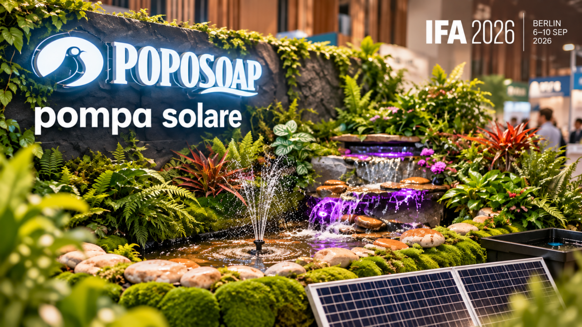 Stagno prefabbricato con pompa solare e kit cascata Poposoap esposto a IFA Berlino 2026